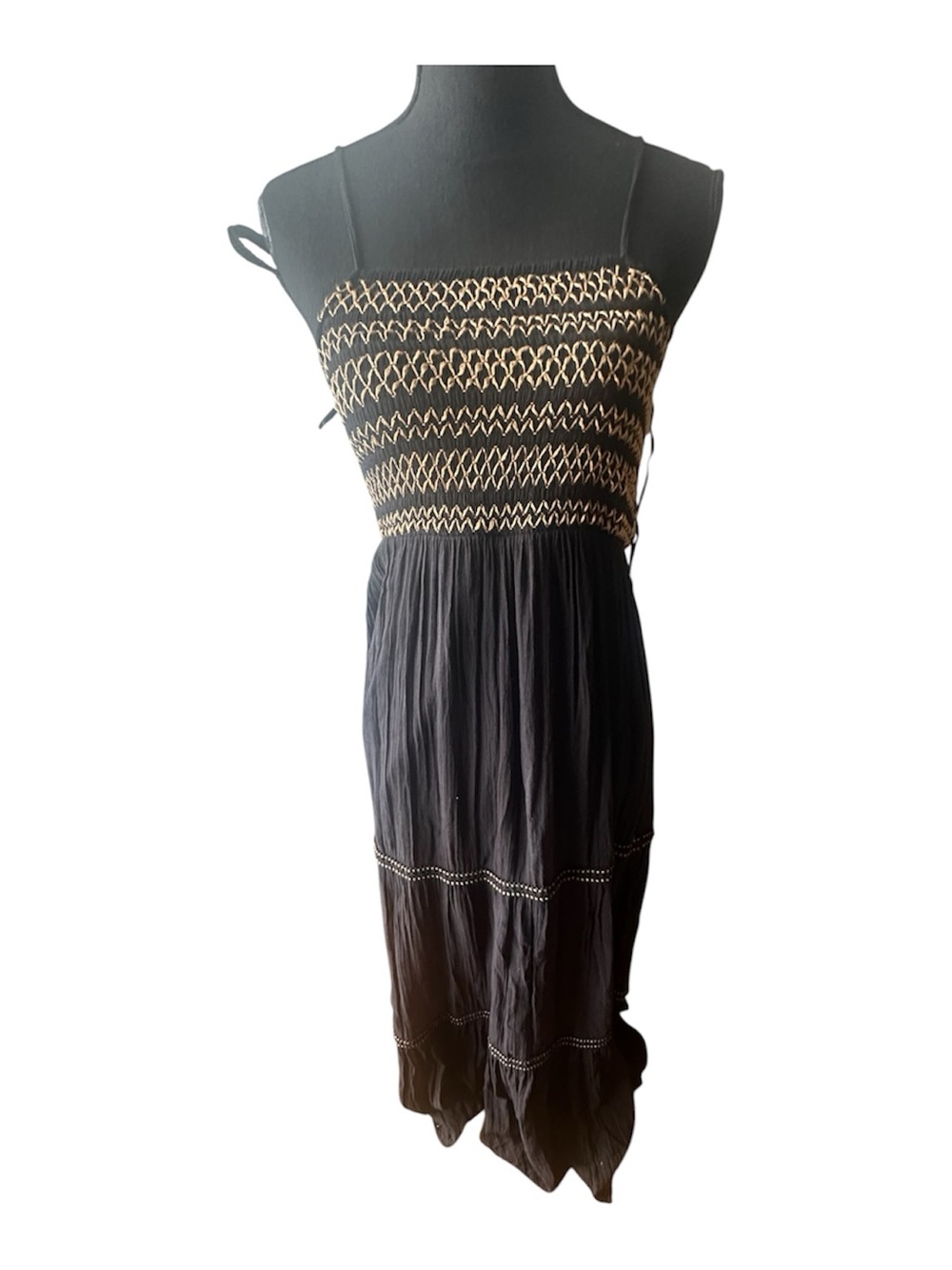 Zara Black Maxi Dress Smocked Gold Embroidery Tiered Boho Strappy XS Chic Style